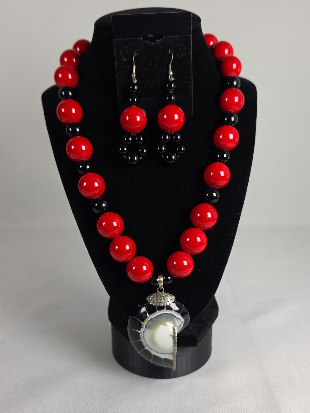 Artisan Ammonite Fossil Necklace & Earring Set .925 Sterling Silver Statement